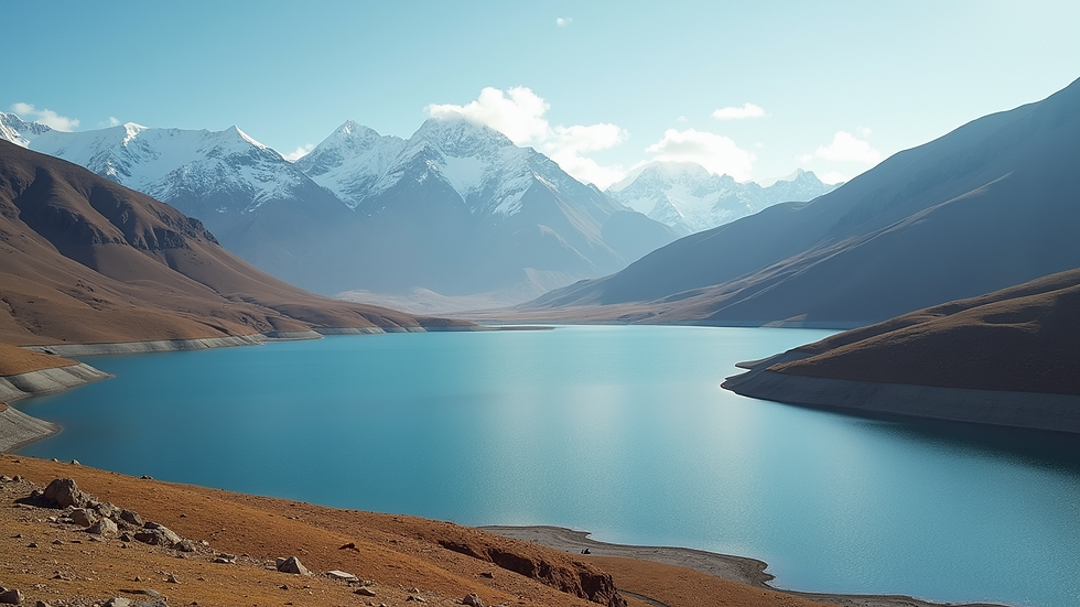 Wide angle view of Tso Moriri Lake surrounded by majestic mountains