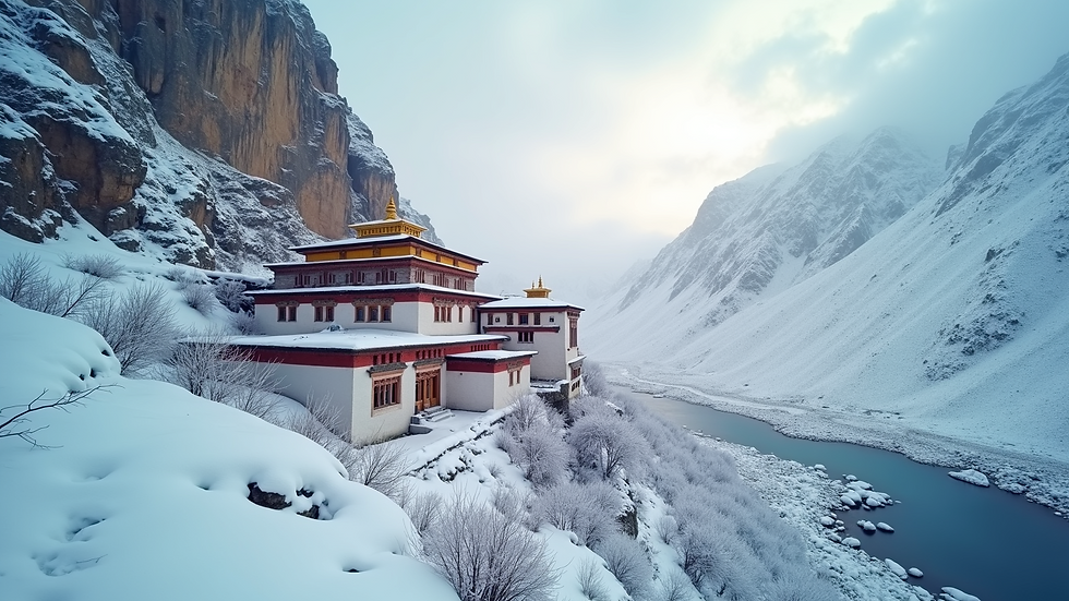 High angle view of a tranquil snow-covered monastery in Ladakh