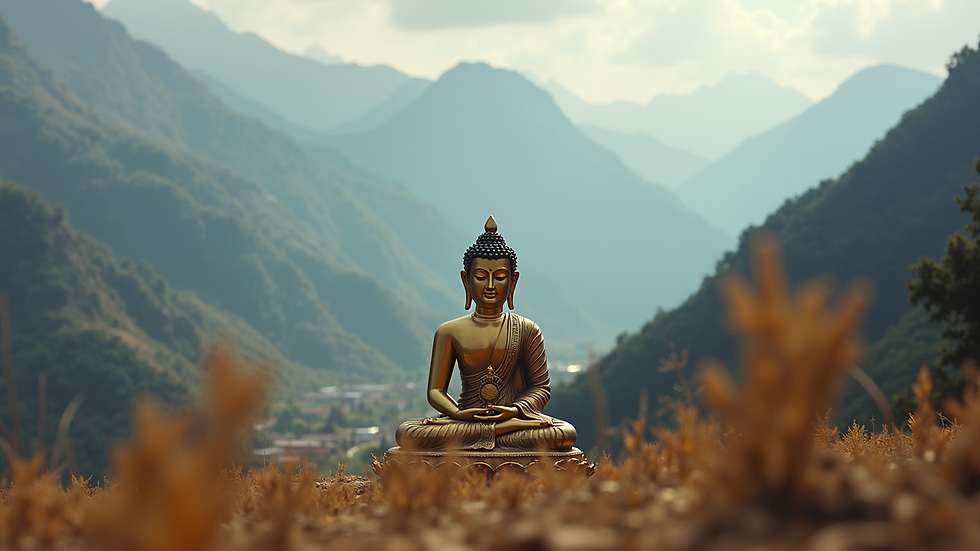 Eye-level view of the Diskit Monastery with the Maitreya Buddha in the foreground