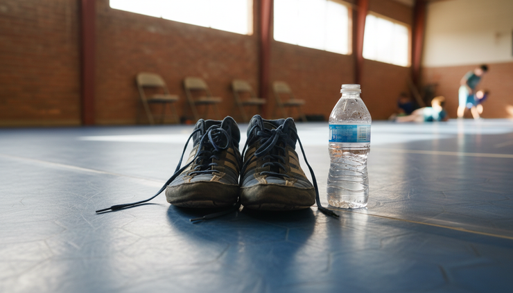 Close-up view of wrestling shoes beside the edge of a mat.