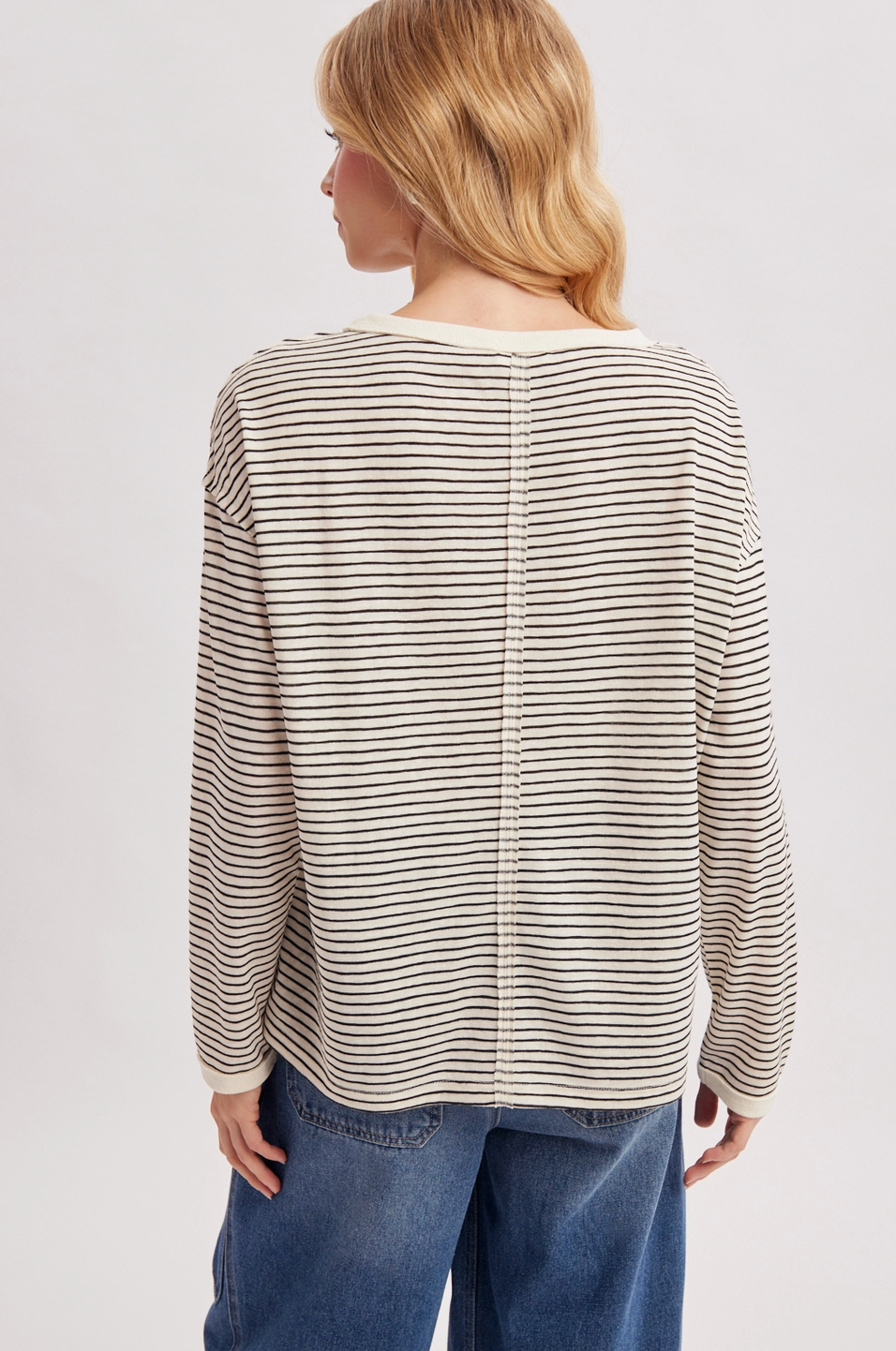 Thumbnail: Oversized Boxy Striped Knit Long Sleeve Top