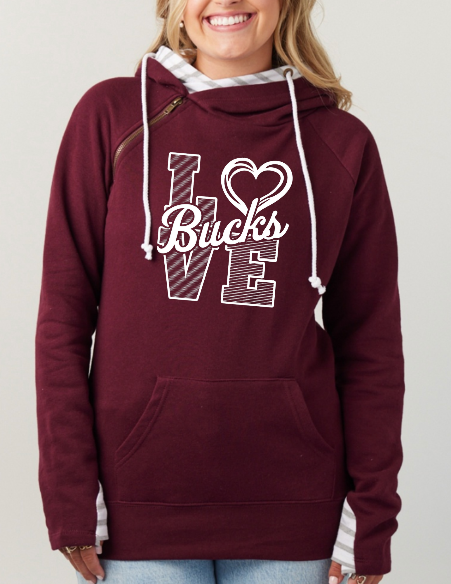 Ladies Stripe Double Hood Pullover Maroon