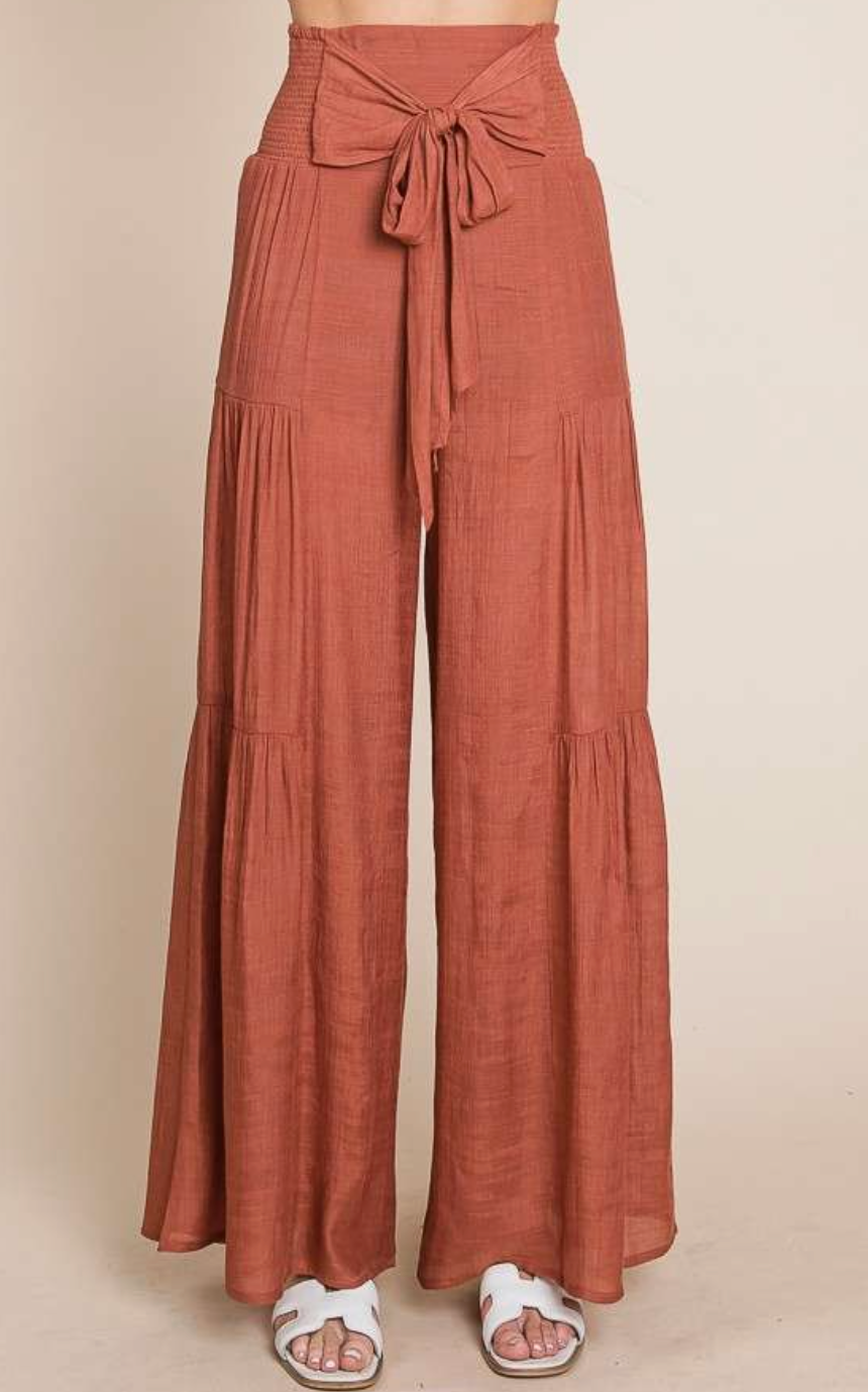 Thumbnail: Tie Front Ruched Waist Back Pants