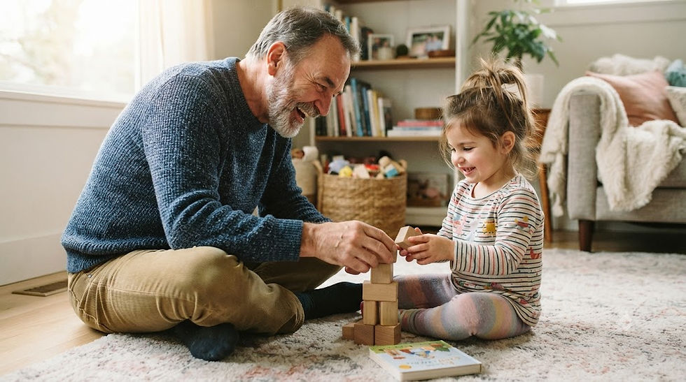 Grandfather playing with his granddaughter on the floor after recovery