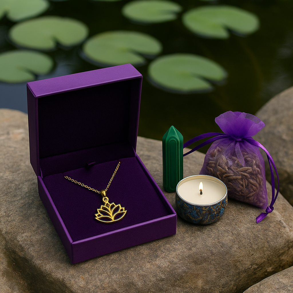 Mystic Ritual Gift Package (card, lotus necklace, chakra, candle, lavender bag)