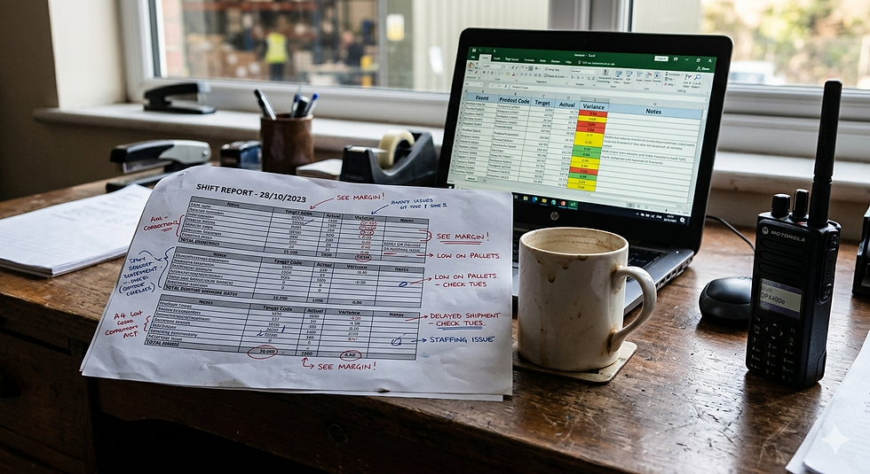 Operations manager desk with shift report and production spreadsheet, representing mine production reporting and variance analysis.