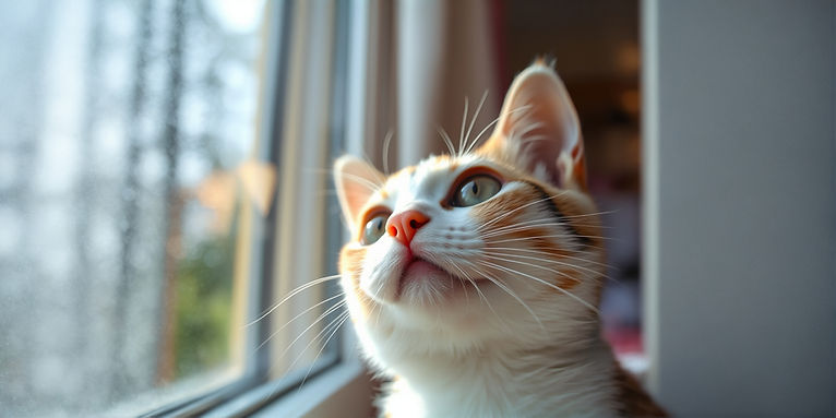 A heartwarming close-up of a cat looking up with bright eyes, soft focus, sunlight coming