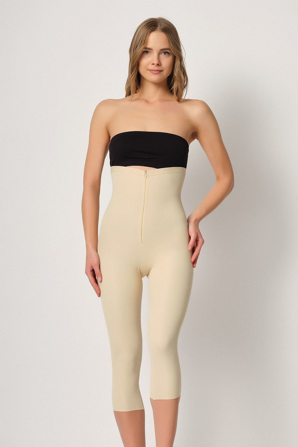 Thumbnail: 2868 - Lazer Cut High Waisted Tummy Belly Shaper Front Zipper Capri Leggings
