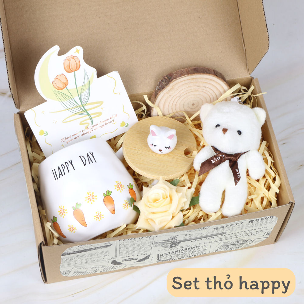 Set hộp quà cốc sứ phong cách vintage, hộp quà tặng kèm gấu