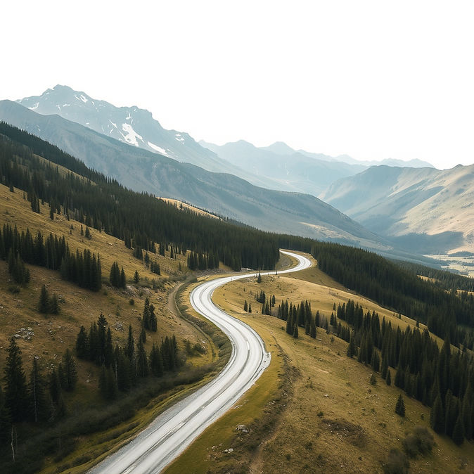 “Montana rural mountain landscape with a gravel road and open sky, minimal and professiona