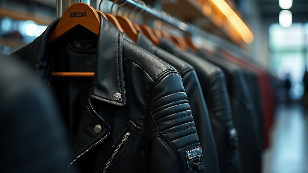 Eye-level view of a motorcycle jacket hanging on a rack