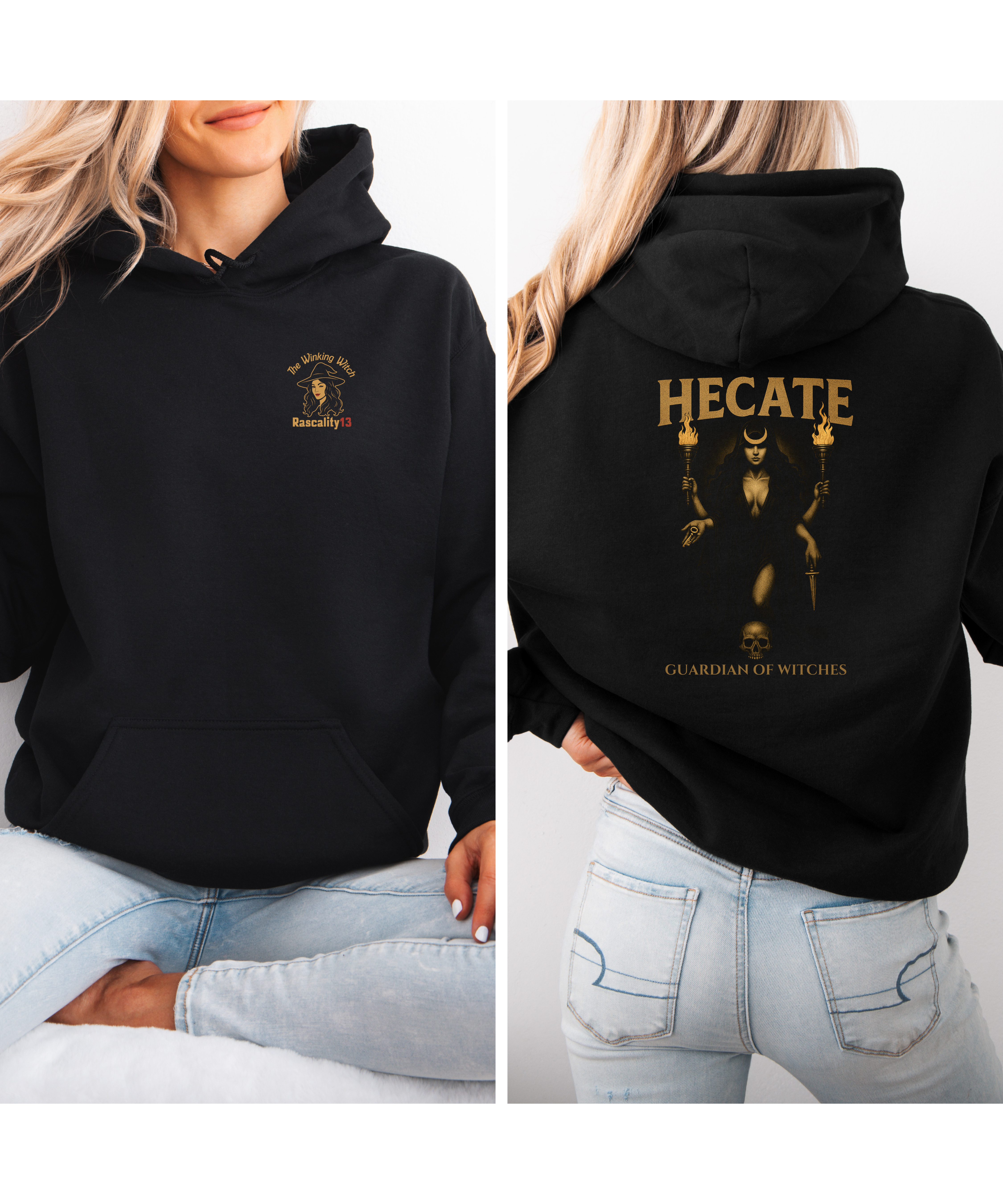 Female model wearing a black Hecate hoodie