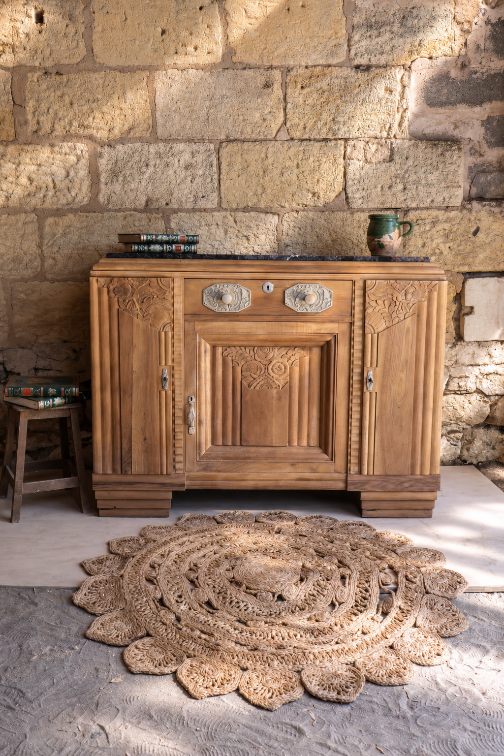 Buffet Art Déco en noyer • Marbre noir • Décors sculptés