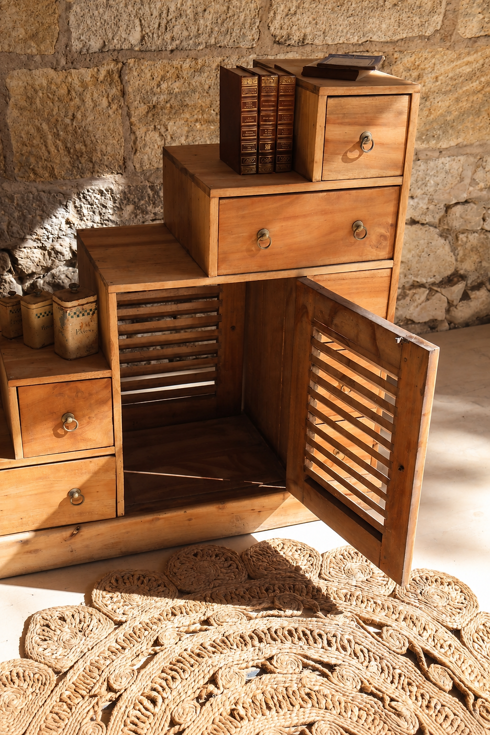 Miniature : Meuble escalier ancien en bois exotique – Inspiration Kaidan-tansu