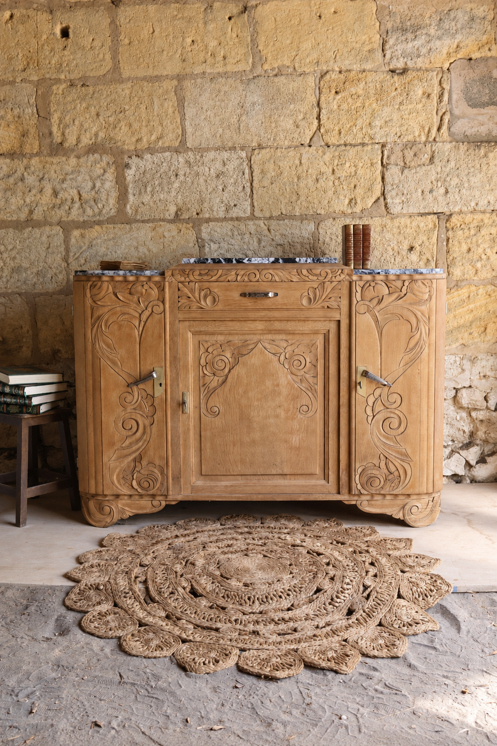 Buffet Art déco en chêne sculpté – Marbre noir et blanc