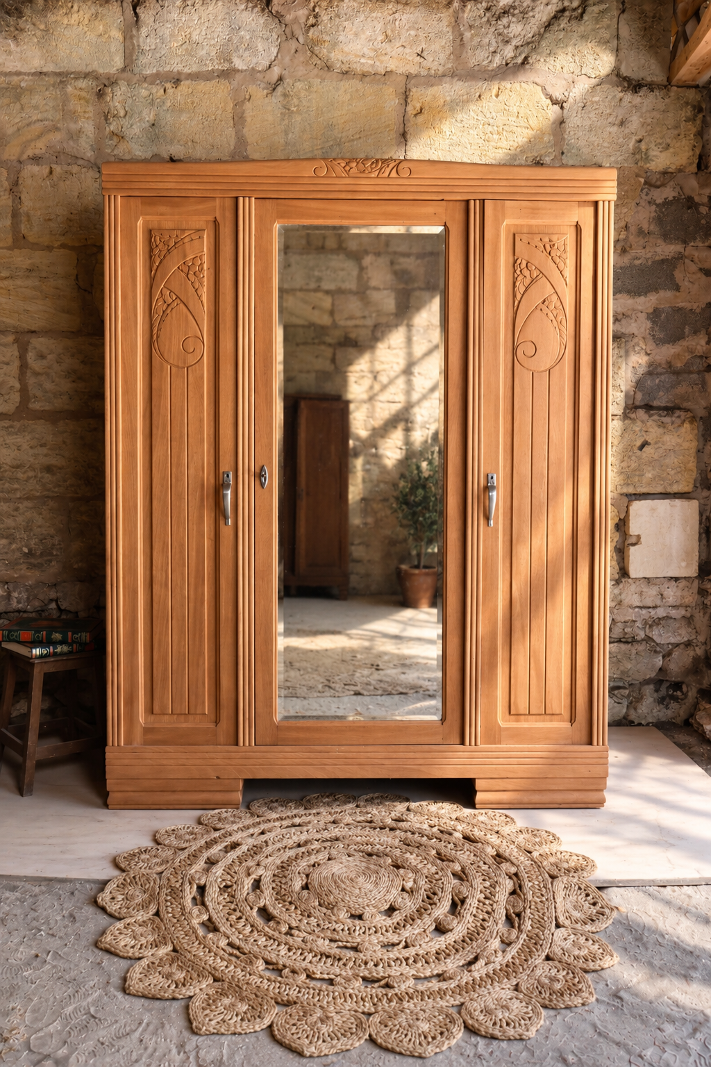 Armoire Art Déco en bois exotique démontable • Miroir biseauté • 3 portes