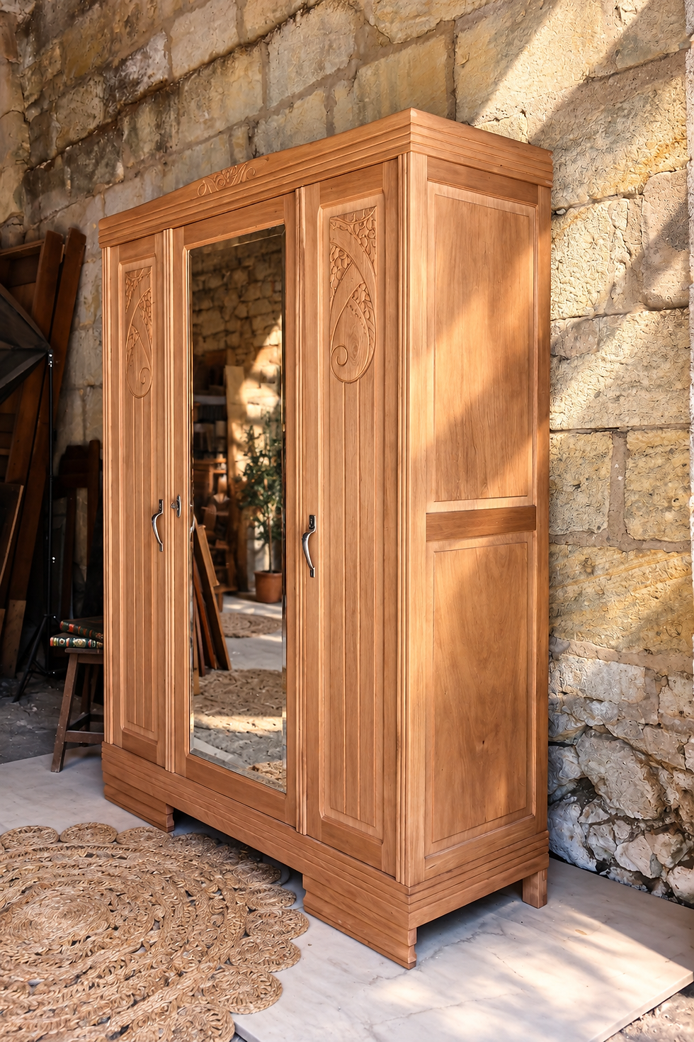 Miniature : Armoire Art Déco en bois exotique démontable • Miroir biseauté • 3 portes