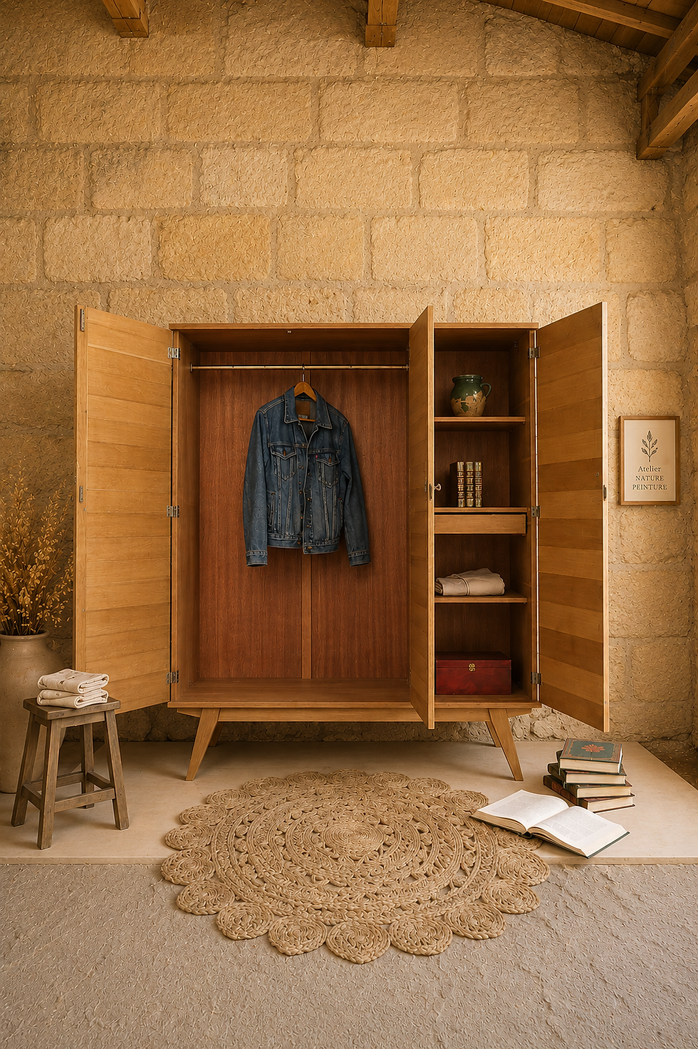 Miniature : Dressing vintage en placage chêne – pieds compas