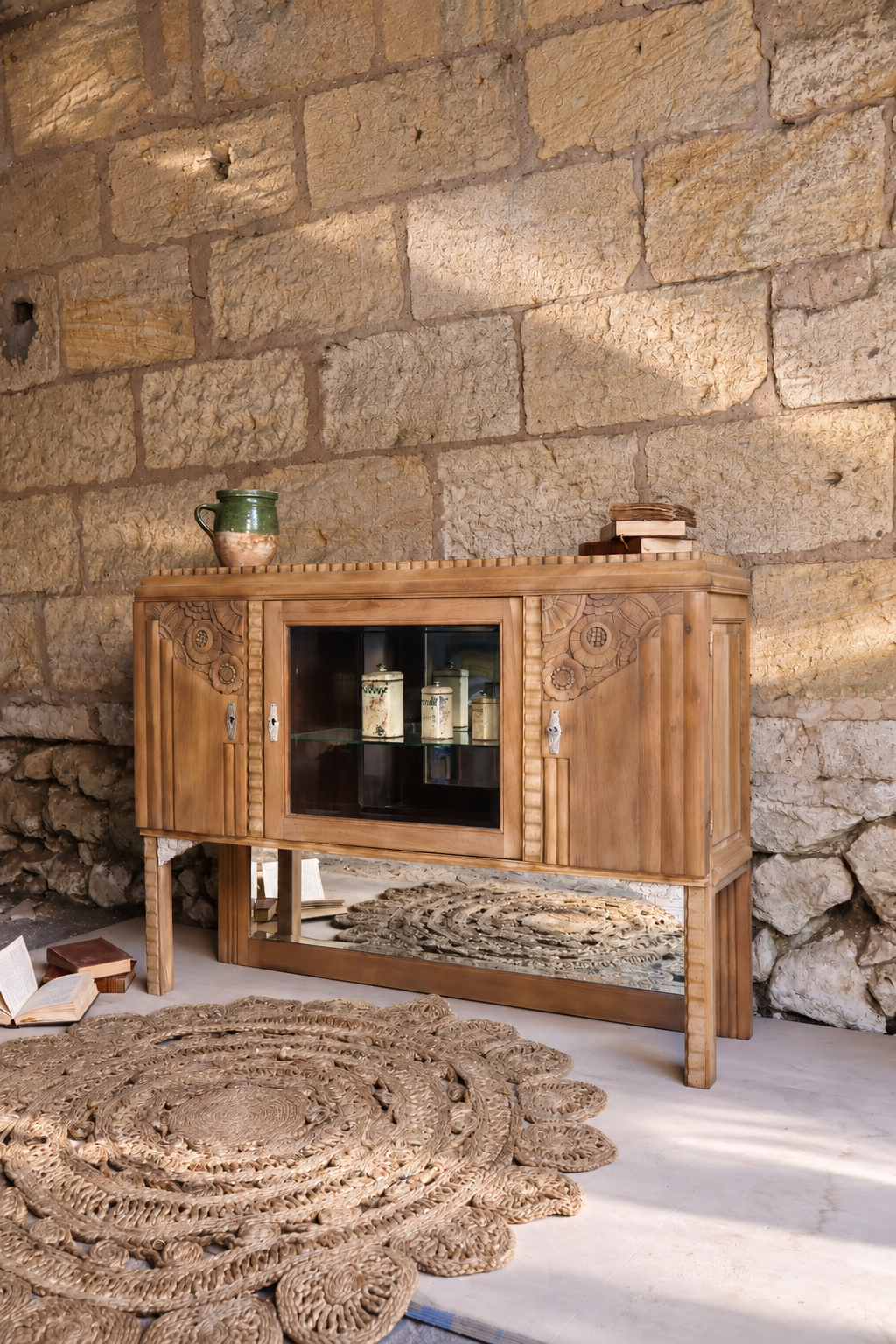 Buffet-vitrine Art Déco en noyer • Décors sculptés • Laiton