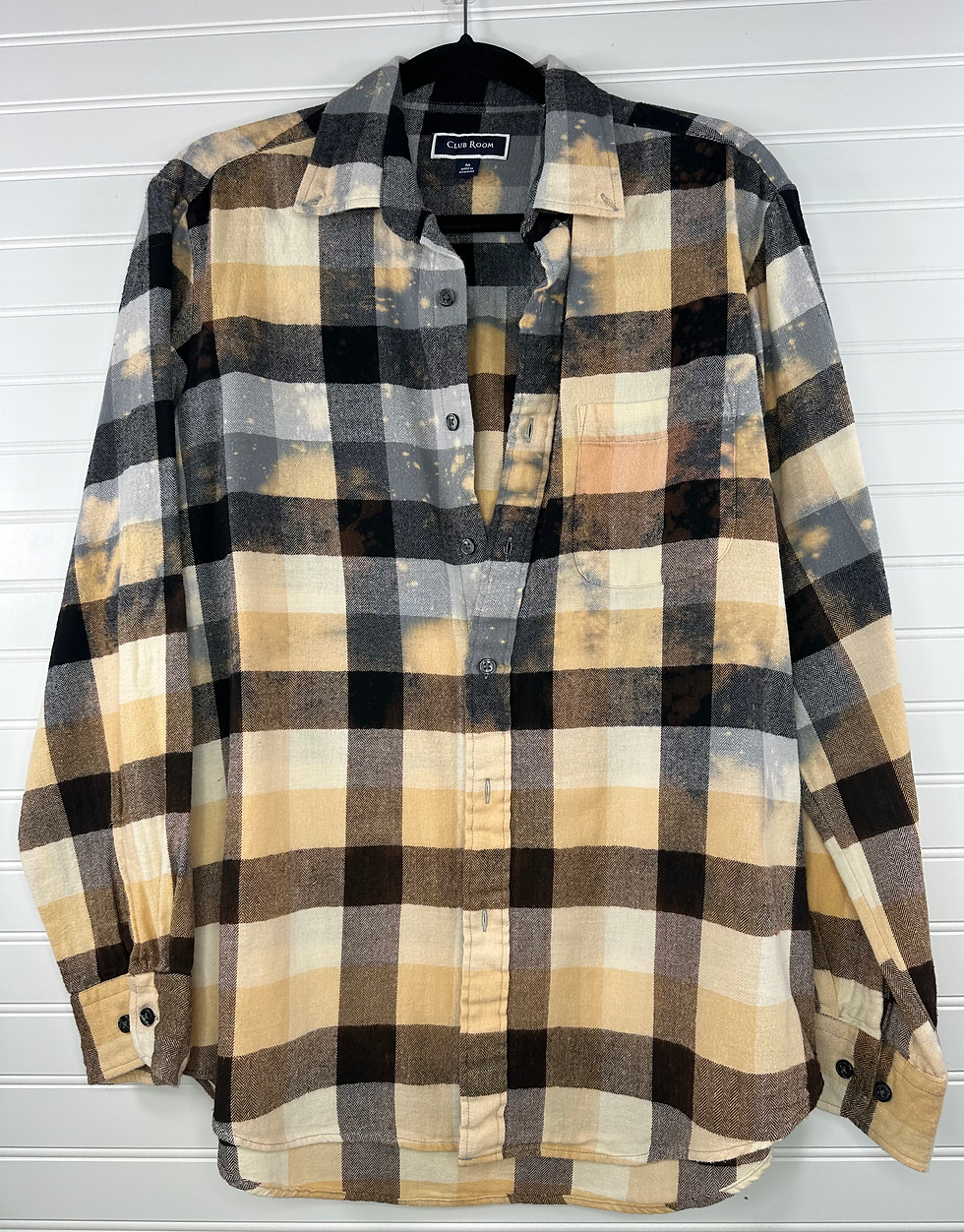 Plaid flannel in black and grey tones with yellowish bleach splatter 