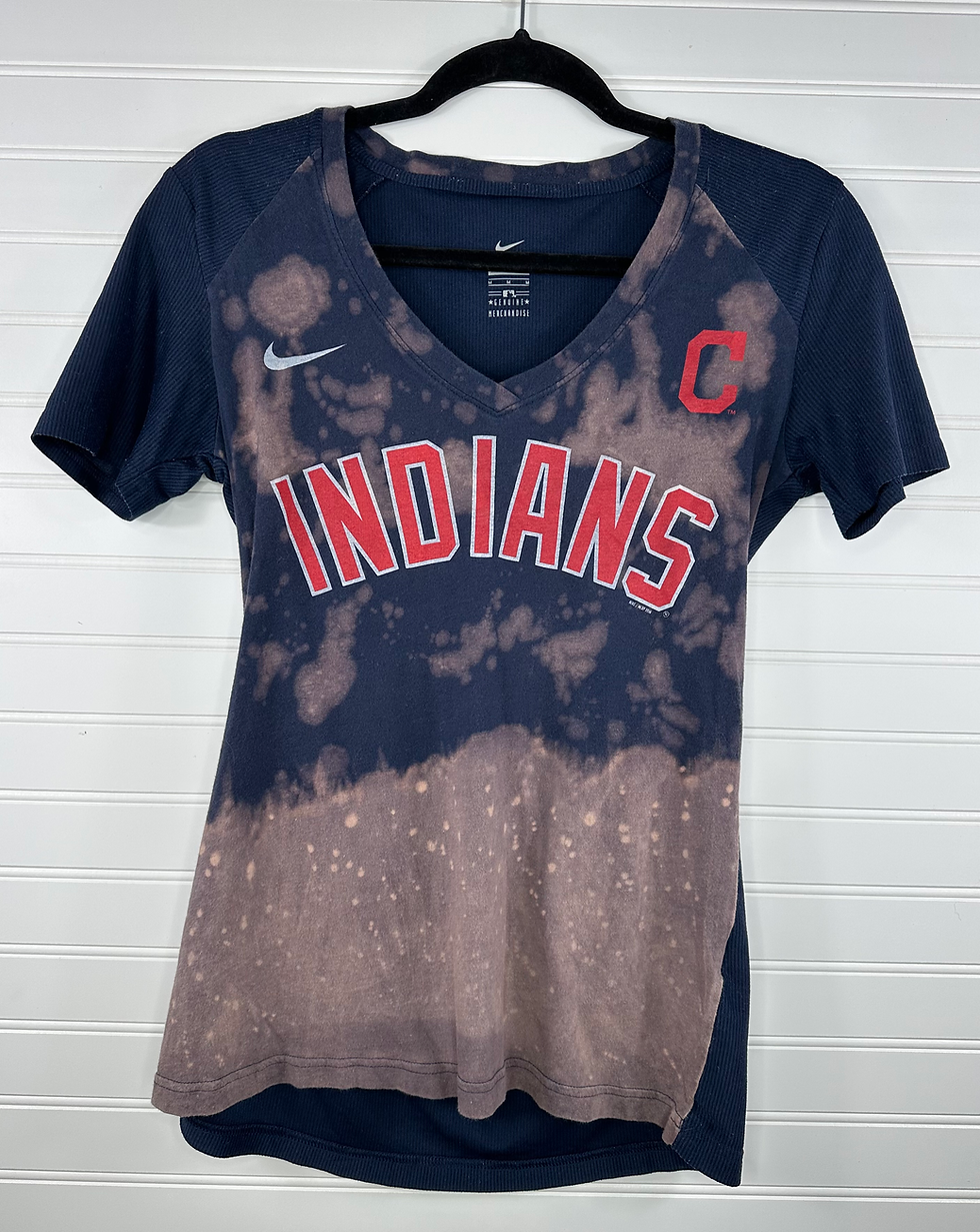 Navy V-neck t-shirt with Indians and block C logo with bleach splatters