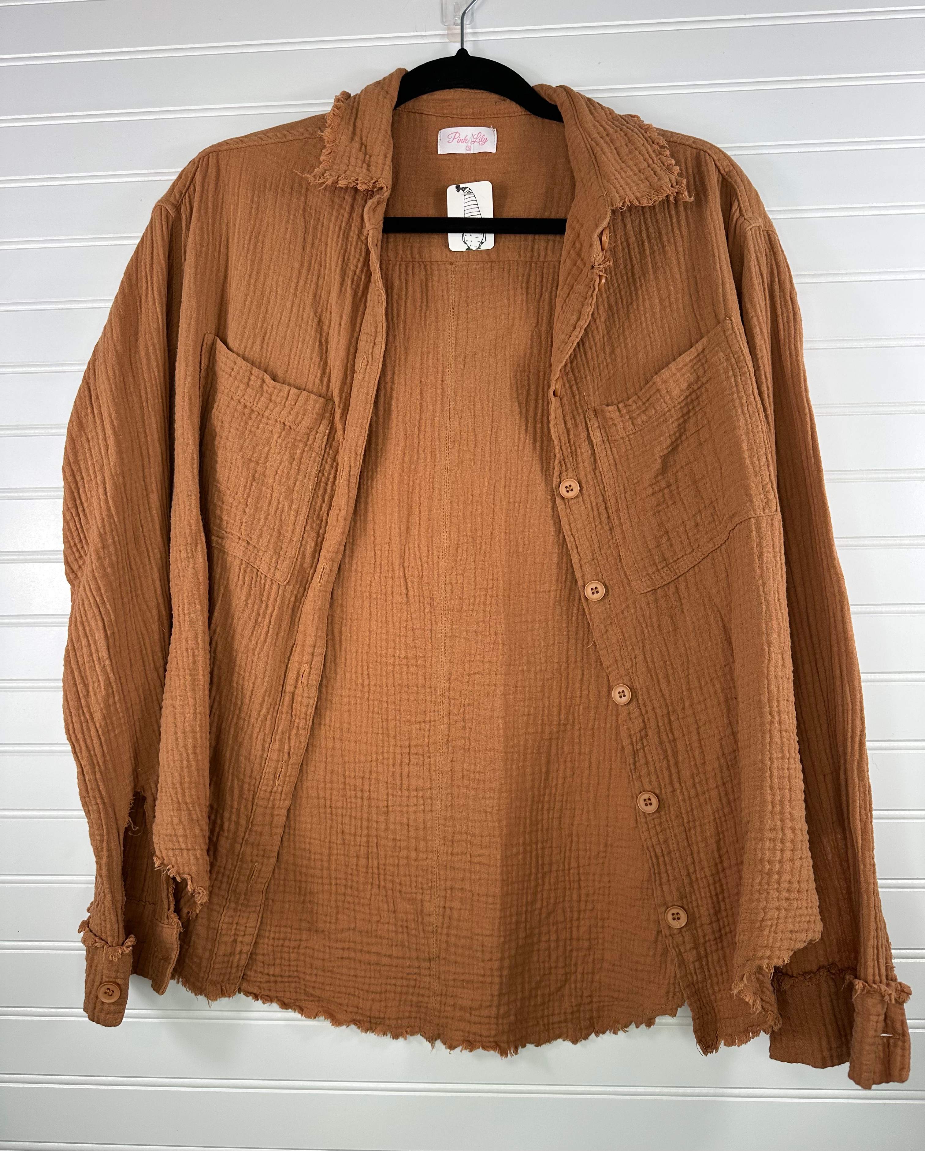 Small Waffle Textured Button-Up with Fringe Detail