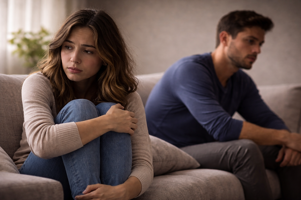 Frau traurig, Mann entfernt – Verlustangst in Beziehungen erkennen