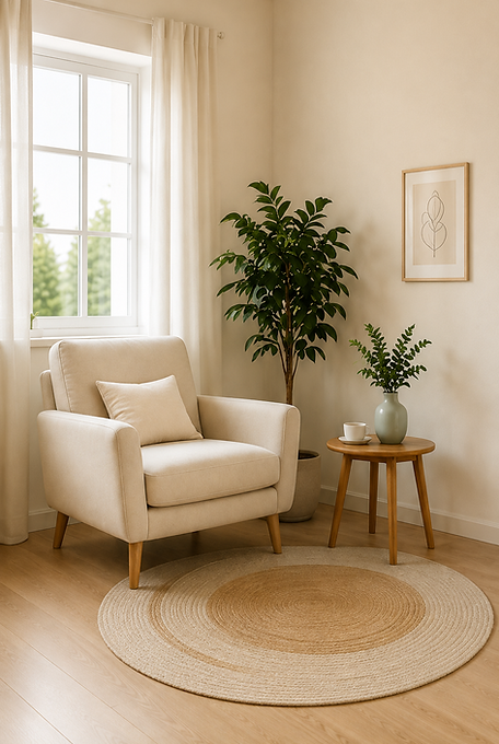 Heller und gemütlicher Therapieraum in einer Psychotherapie-Praxis in Bremgarten mit beigem Sessel, Pflanzen und ruhiger Atmosphäre.