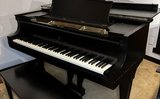 Music rack view of Steinway Model A Grand Piano showing detailed craftsmanship at Rockafellow Piano in San Antonio, Texas.
