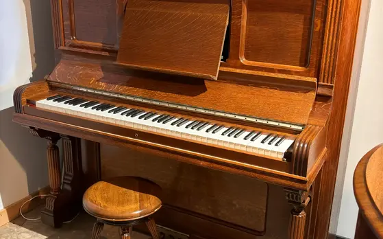 Smith & Barnes upright piano open view at Rockafellow Piano in San Antonio Texas