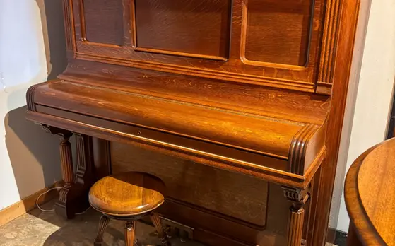 Smith & Barnes upright piano closed view at Rockafellow Piano in San Antonio Texas