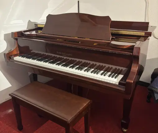 Kohler and Campbell baby grand piano music rack brown wood grain Rockafellow Piano San Antonio Texas