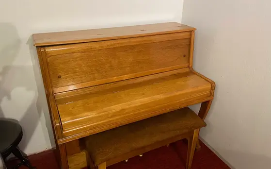 Closed Monochord Miniature upright piano at Rockafellow Piano in San Antonio Texas.