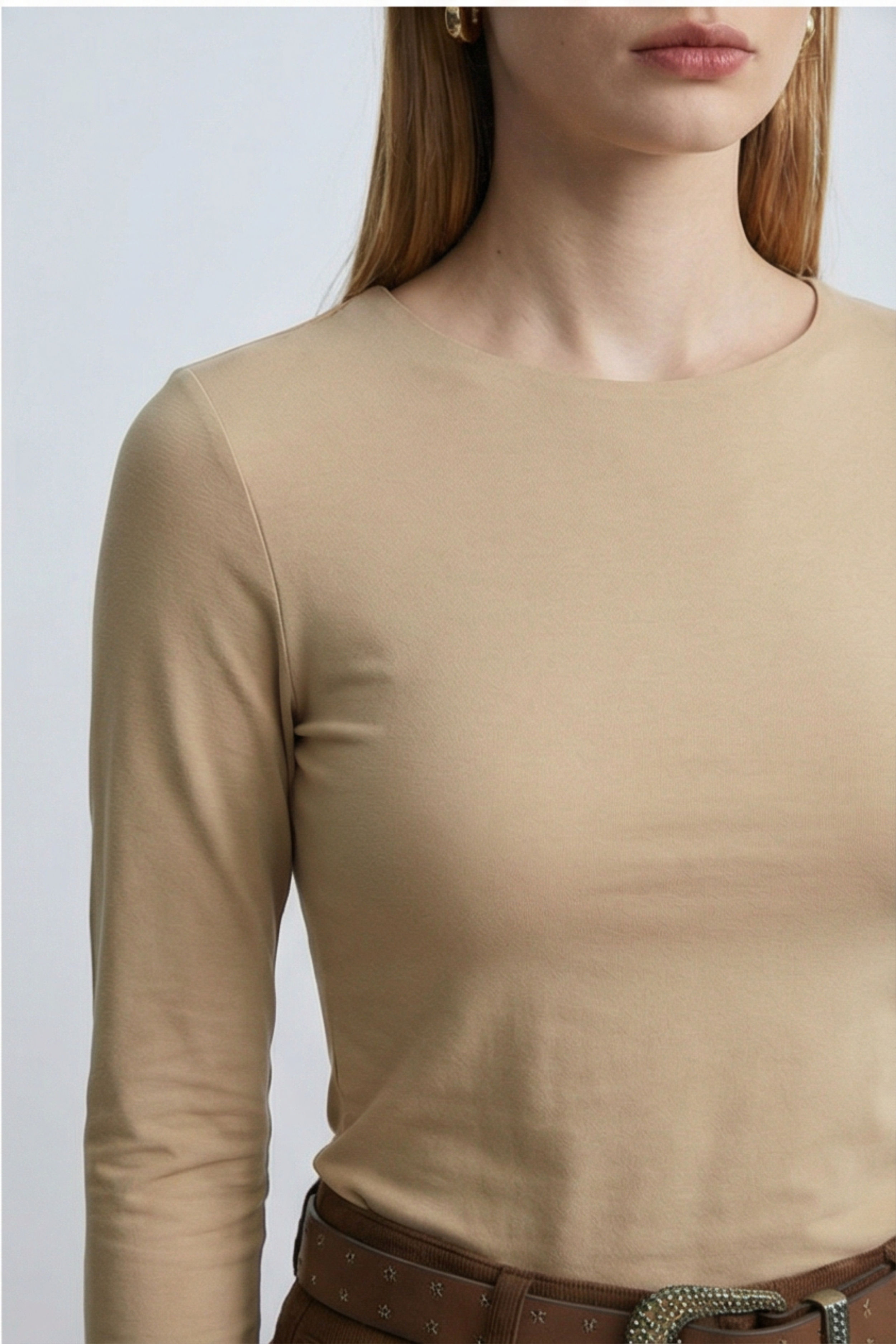 Kadın Uzun Kollu Bisiklet Yaka Basic Bluz -Ten