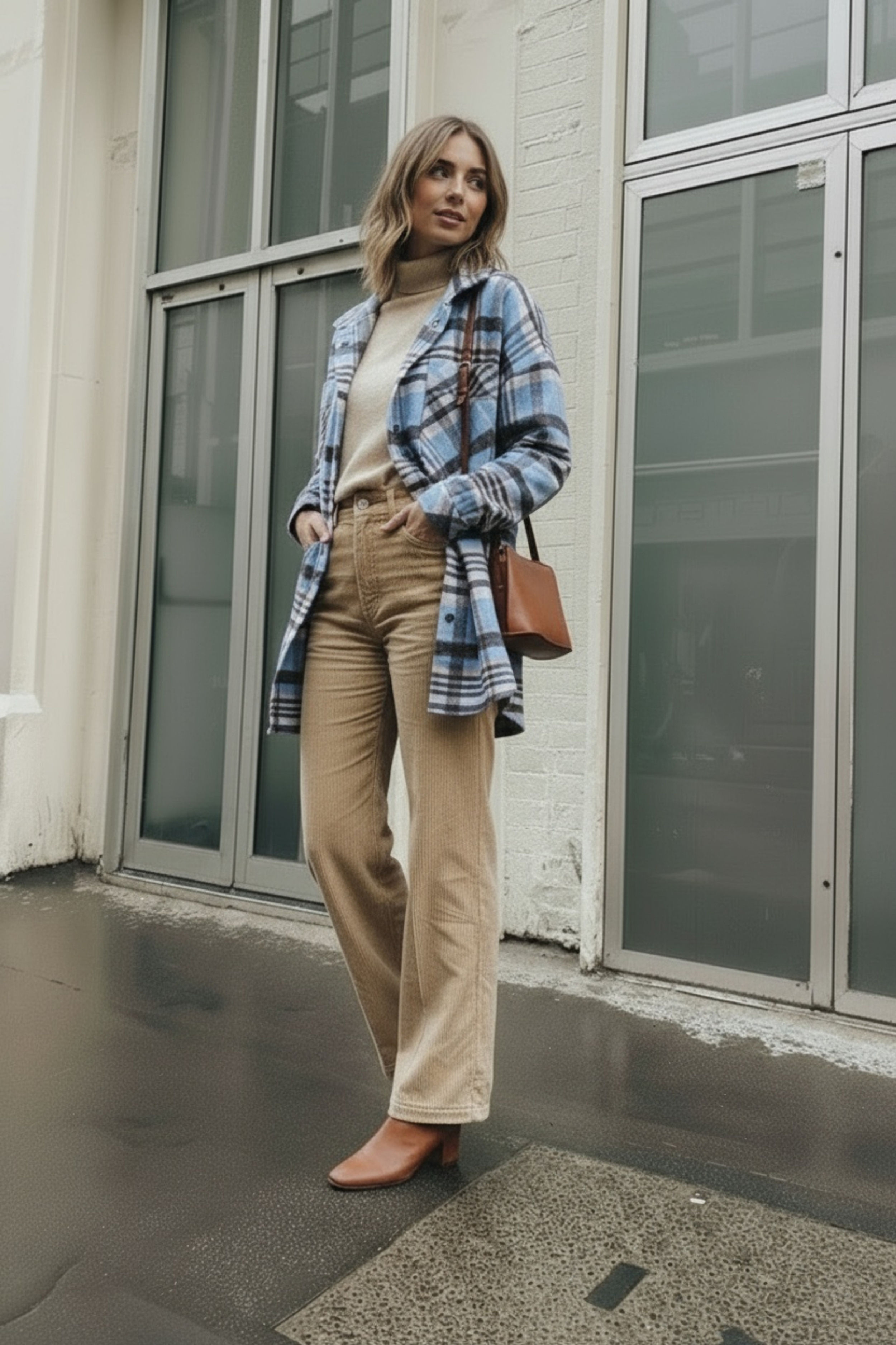 Kadın Oversize Ekose Dokuma Gömlek Ceket–Mavi