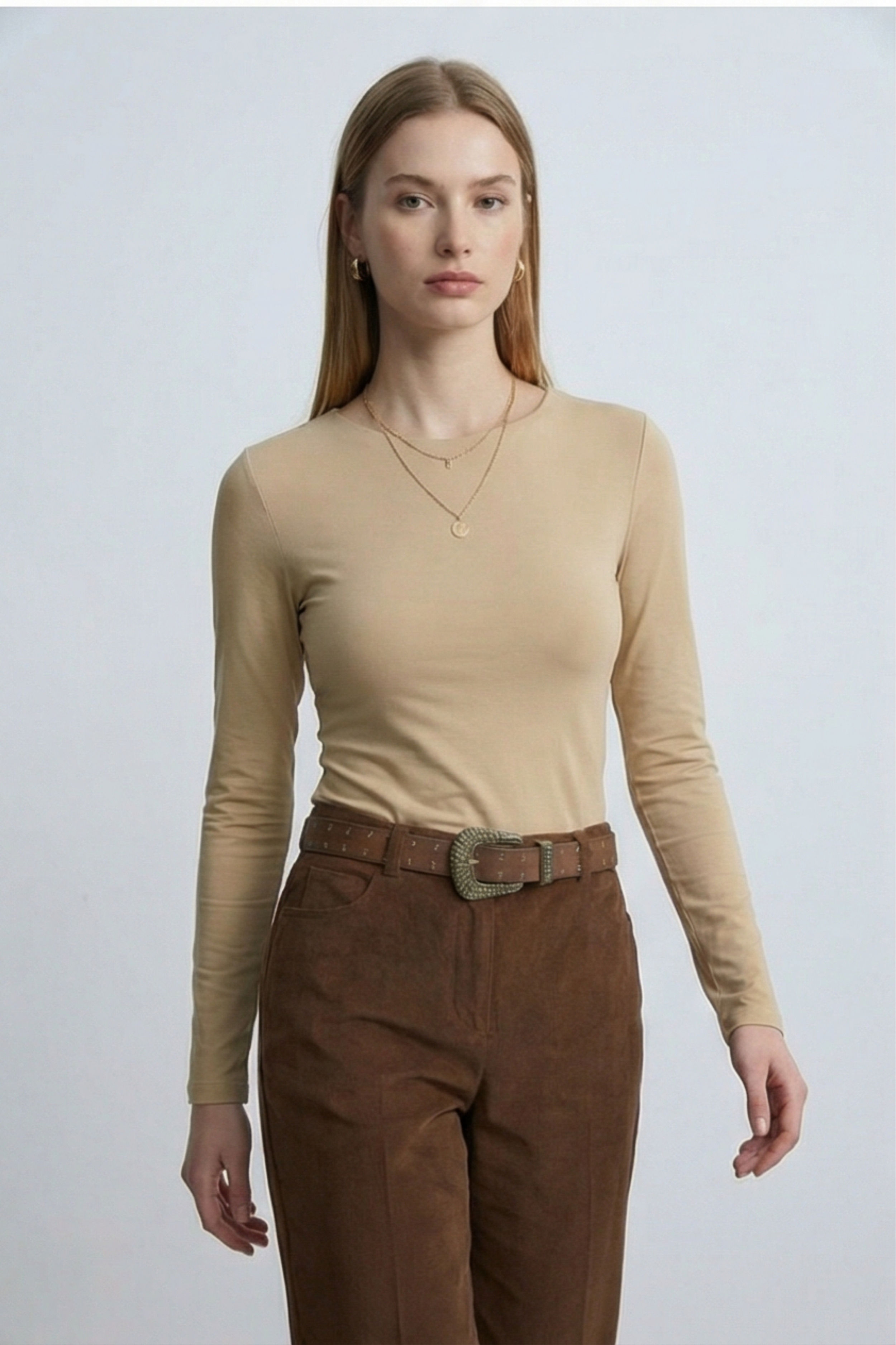 Kadın Uzun Kollu Bisiklet Yaka Basic Bluz -Ten