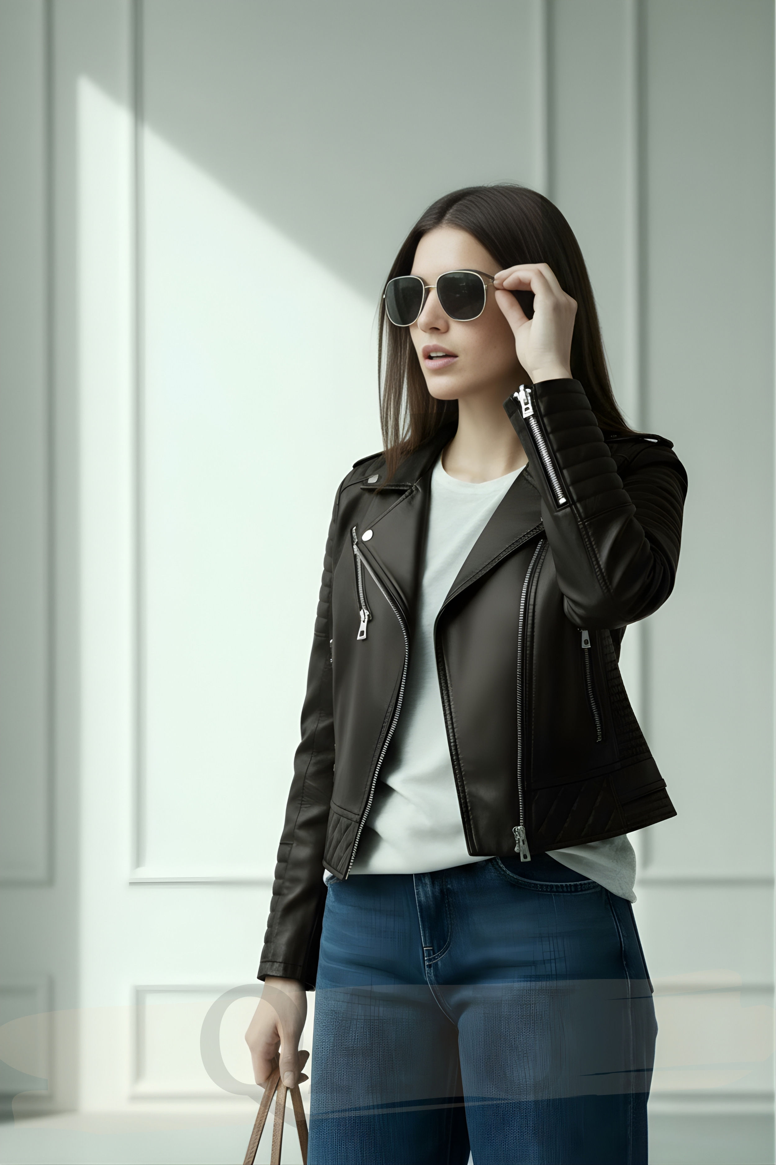 QAJU siyah suni deri ceket, şehirli kadın stilinde güneş gözlüğüyle tamamlanmış modern kombin.