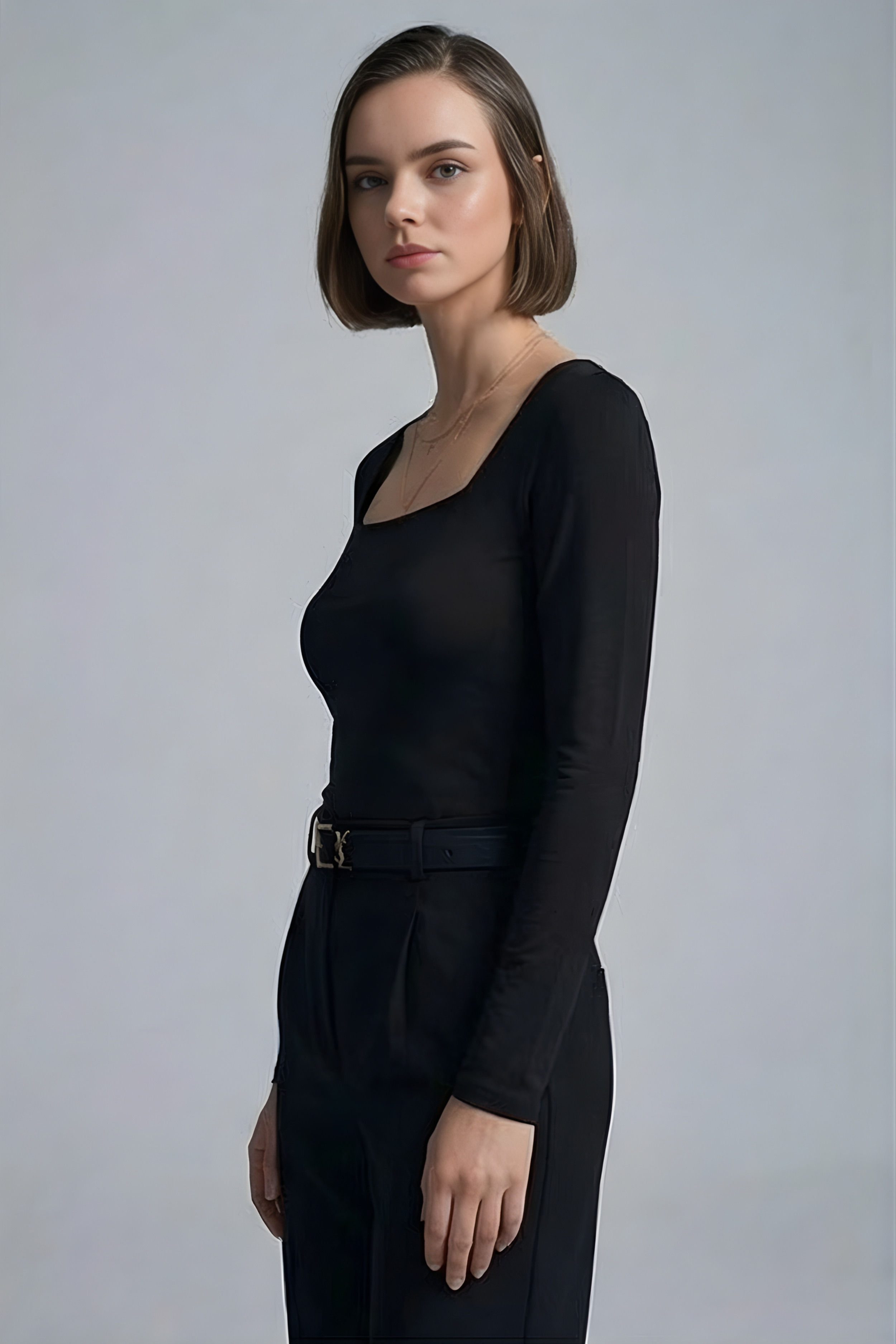 Kadın Uzun Kollu Kare Yaka Basic Bluz -Siyah