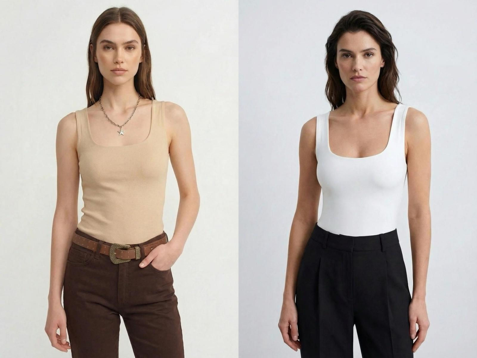 İkili Kadın Askılı Bisiklet Yaka Basic Atlet- Ekru ve Bej