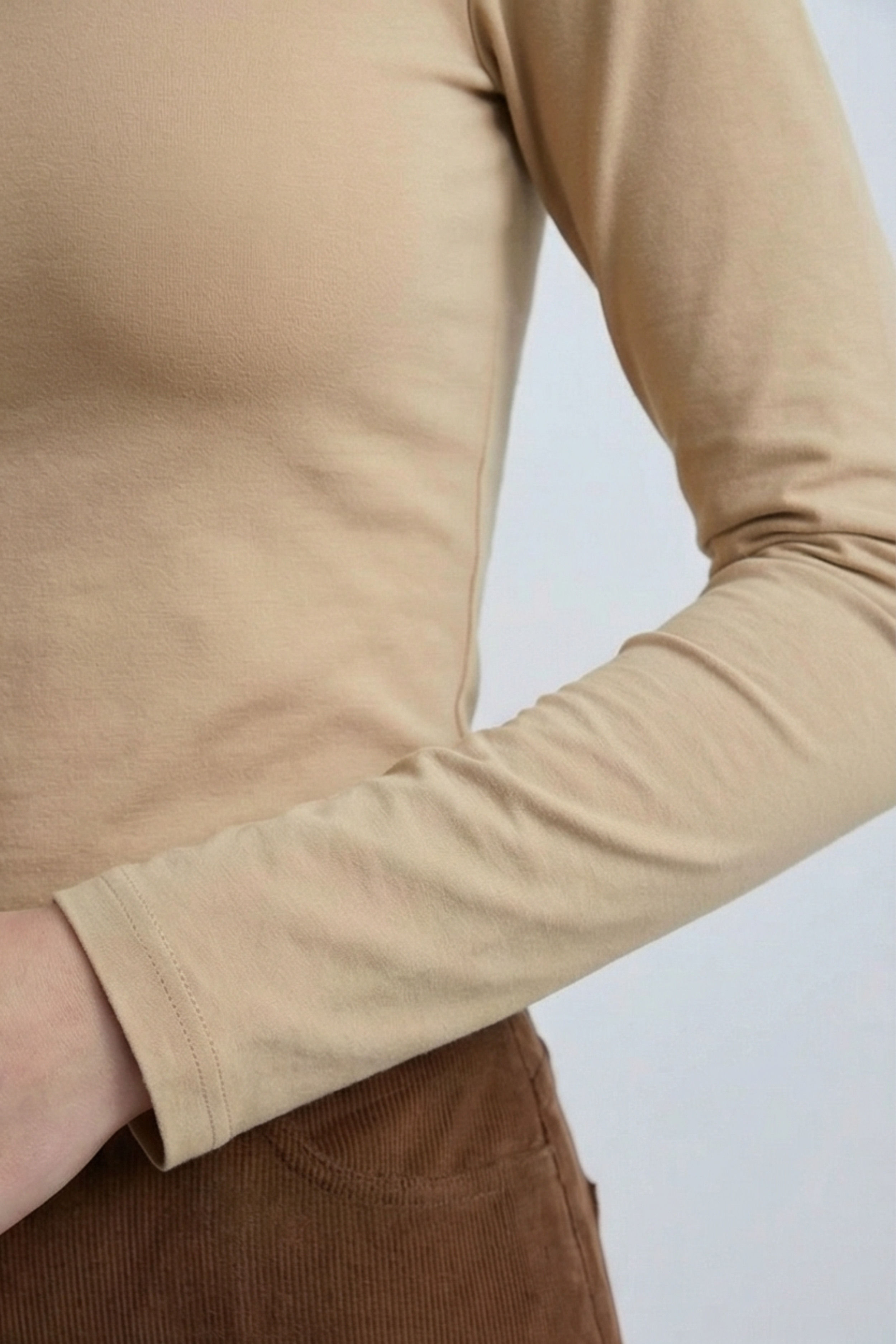 Kadın Uzun Kollu Bisiklet Yaka Basic Bluz -Ten