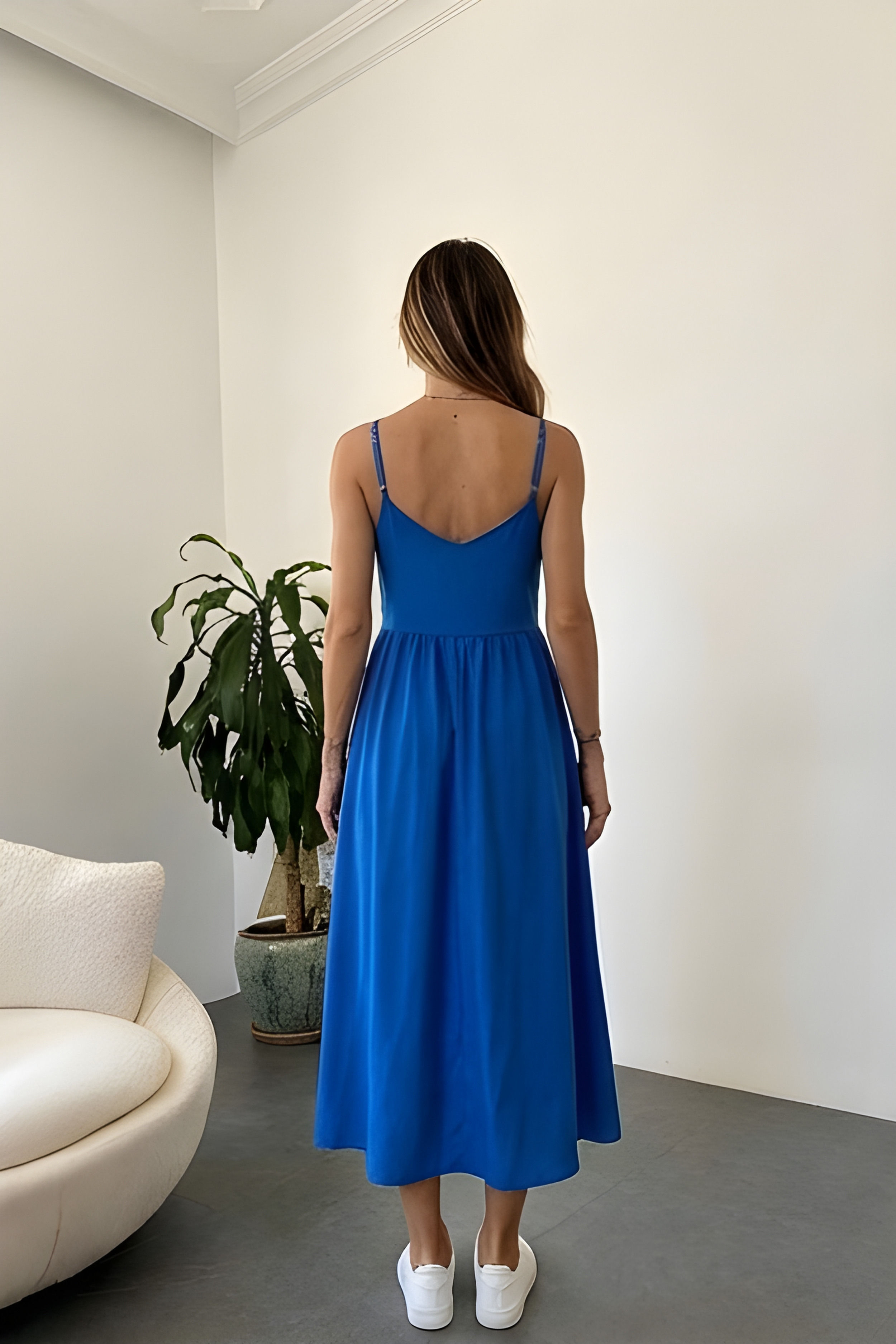 Kadın Ayarlanabilir Askılı Mavi Elbise