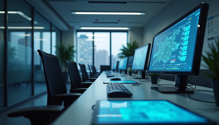 Eye-level view of a modern audit office with AI technology tools on desks