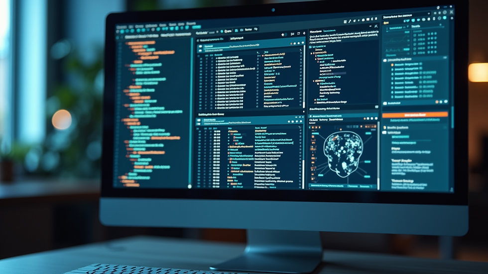 Eye-level view of a modern office workspace with cybersecurity tools on a computer screen