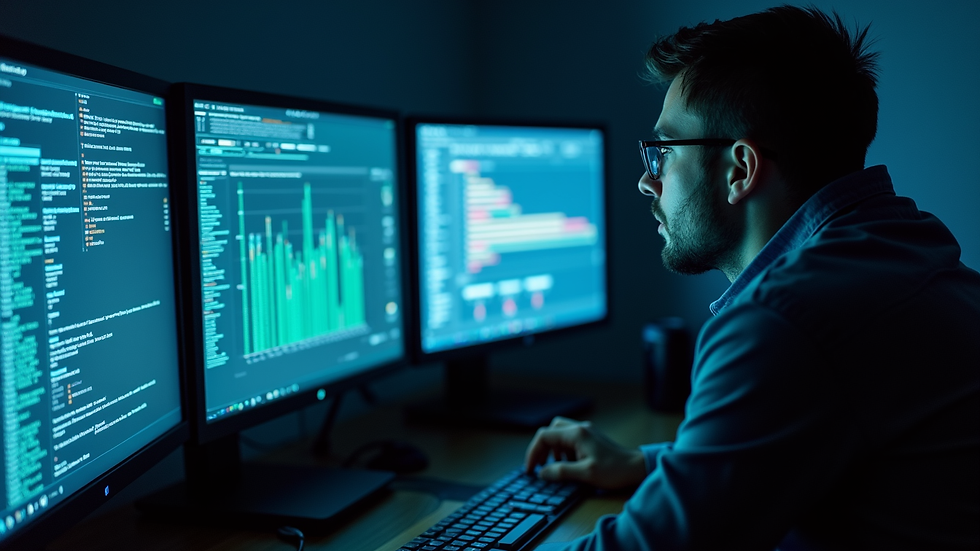 Close-up view of a cybersecurity analyst monitoring multiple screens in a dark room