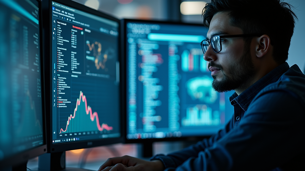 Close-up view of a cybersecurity professional analyzing data on multiple screens