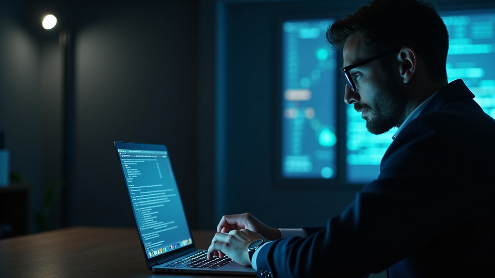 Close-up view of a cybersecurity expert analyzing data on a laptop in a dimly lit room
