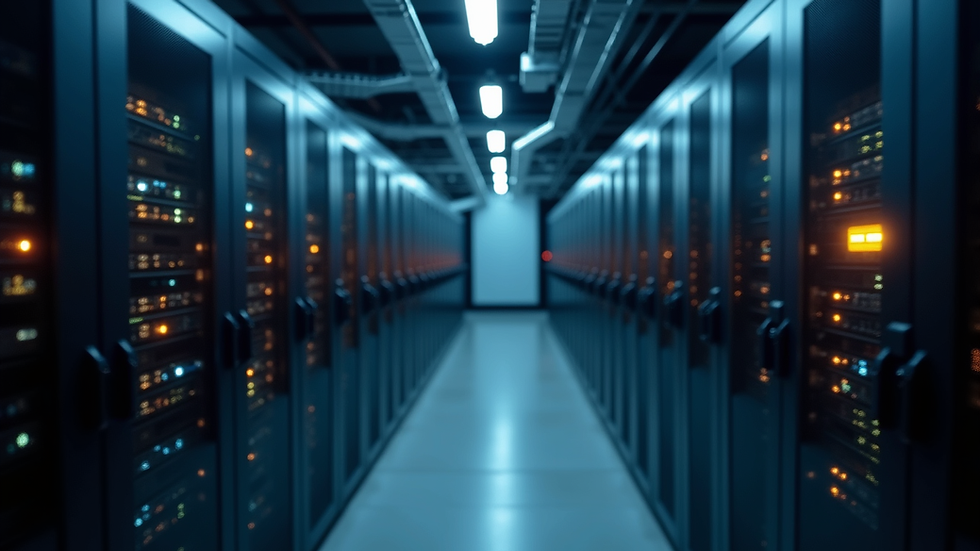 Eye-level view of a server room with blinking security lights