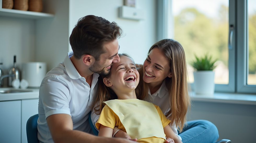 Eye-level view of a family at a dental clinic smiling together