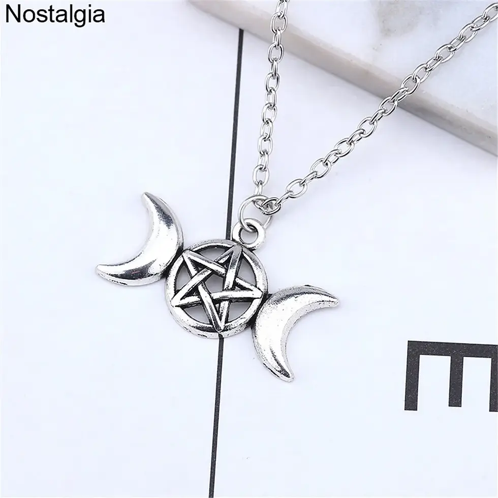 Miniatura: Colar com pingente e pentagrama wicca, deusa da lua tripla, lua crescente