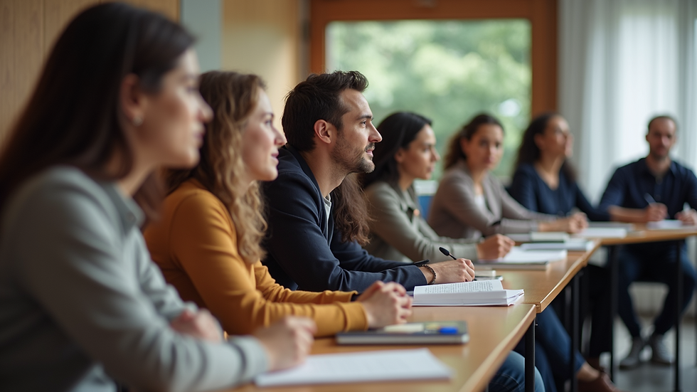 Eye-level view of a diverse group of people participating in a mental health workshop